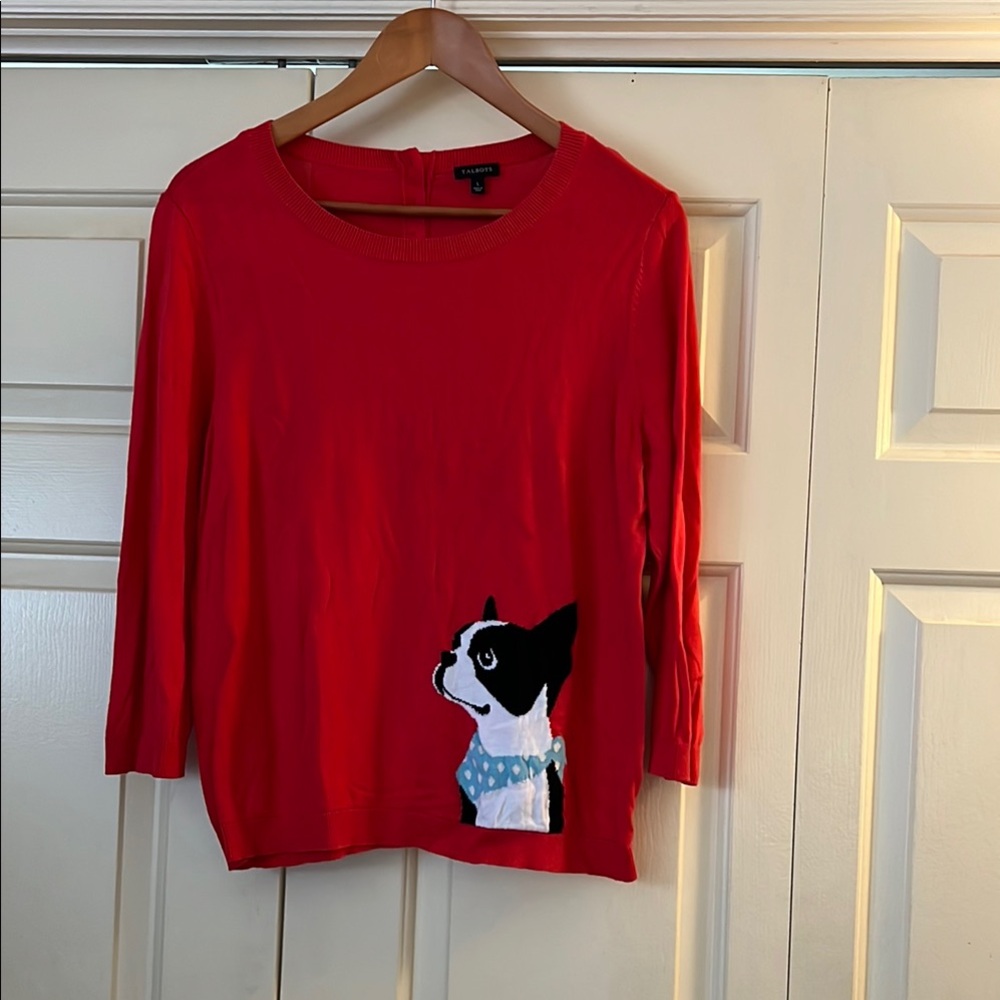 Talbots Bright Red Knit Lightweight Sweater with frenchie!